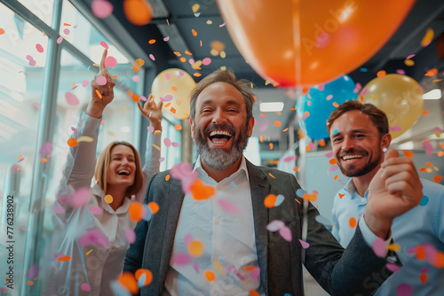 Party at the office. Confident businessmen celebrate victories.
