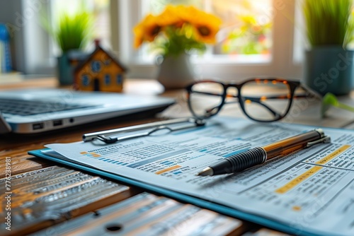 Office table with folder, pen, keyboard, house, glasses and flower