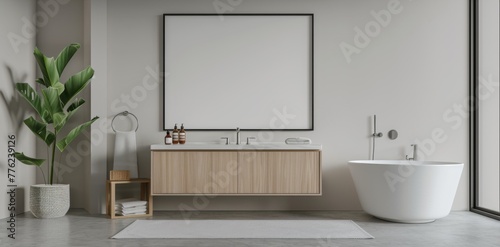 A  bathroom interior  with a blank photo frame above a modern vanity  offering a canvas for artistic expression