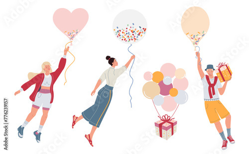  Smiling festive people celebrating birthday party. People flies with balloons in hands. Gift box with confetti and colorful balloons. Flat graphic vector illustrations isolated on white background.