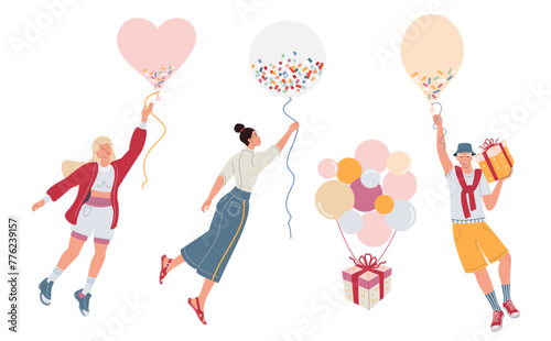 
Smiling festive people celebrating birthday party. People flies with balloons in hands. Gift box with confetti and colorful balloons. Flat graphic vector illustrations isolated on white background.