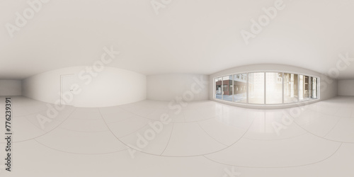 Panoramic view of modern interior space with minimalist design and abundant natural light 360 panorama vr environment map