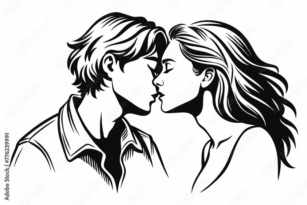 sketch of sensual romantic kissing vector silhouette on white background