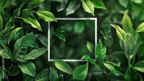 Green leaves with white square frame foliage spring background. AI generated