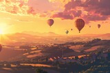 Top view of green landscape and mountain valleys and town and colorful balloons flying in the sky