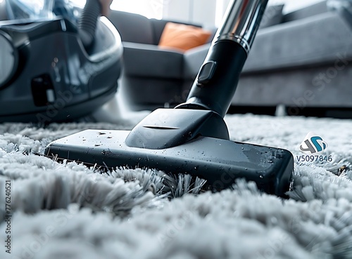 A professional carpet cleaning service is using an industrial vacuum cleaner to clean the dirty grey plush rug in a modern living room