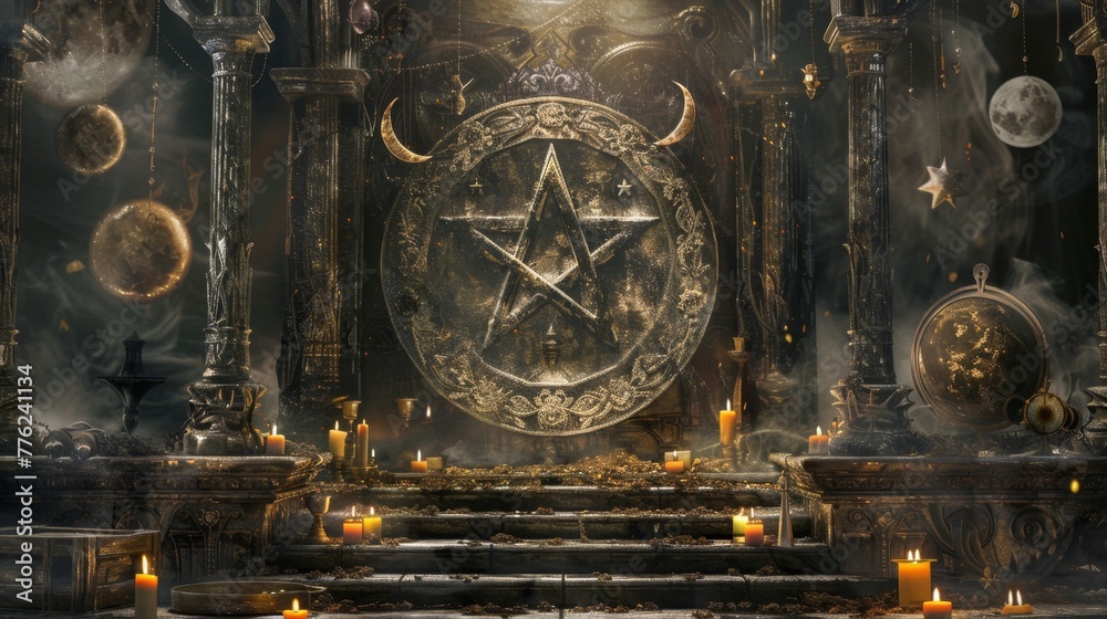 An esoteric tableau with a central pentagram encircled by smoky incense, accompanied by ritualistic artifacts and moon phases, conveying a mystical ambiance