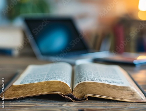 Close-up of an open book in the background of the frame with a laptop and tablet out of focus