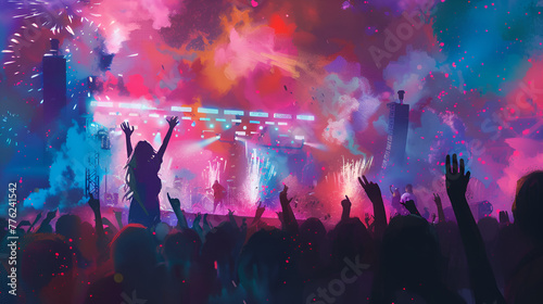 Artistic Style Painting of An EDM Music Festival Concert EDC People Dancing at a Concert EDM Music Festival Aspect 16:9