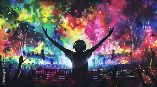 Artistic Style Painting of An EDM Music Festival Concert EDC People Dancing at a Concert EDM Music Festival Aspect 16:9