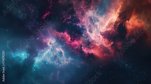 A surreal landscape featuring a colorful nebula illuminated by the light of nearby stars  with glowing clouds of gas and dust swirling in the void of space.