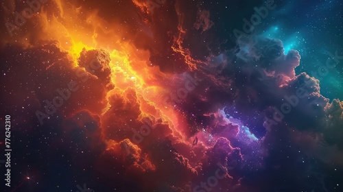 A surreal landscape featuring a colorful nebula illuminated by the light of nearby stars, with glowing clouds of gas and dust swirling in the void of space.