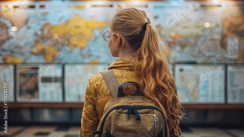 A woman stands in front of a world map and plans a trip