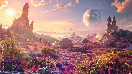 A surreal vista of an alien landscape bathed in the light of multiple suns, with colorful rock formations and exotic flora dotting the horizon.