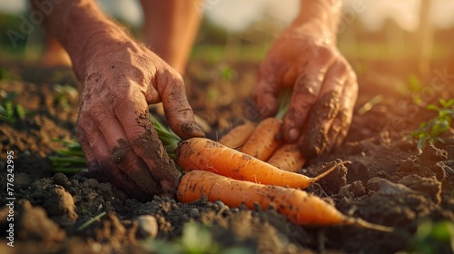 Hand harvesting fresh carrots from the soil