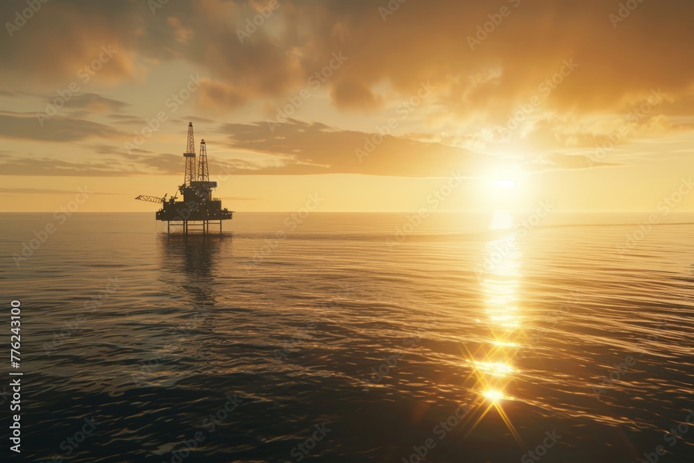 Offshore platform, oil and gas production in ocean or sea, gas and oil production industry, offshore drilling rig in the rays of the setting sun