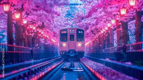 A train travels through a cherry blossom tunnel photo