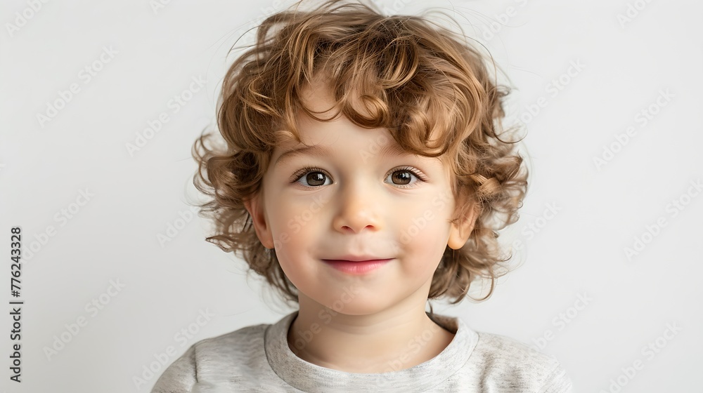 Smiling Toddler with Curly Hair in Casual Attire on a Plain Background. Perfect for Family Blogs. AI Smiling Toddler with Curly Hair in Casual Attire on a Plain Background. Perfect for Family Blogs. AI