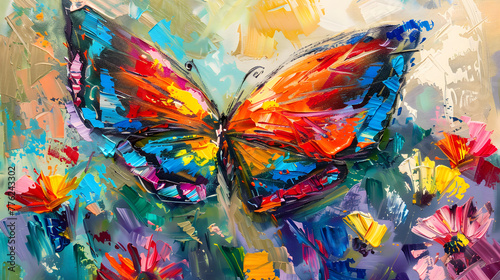 Colorful red blue yellow butterfly on bright flowers, fine oil paints © Markus