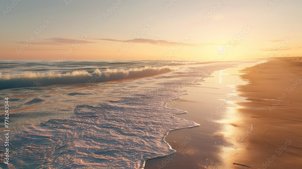 A tranquil beach at sunset, with golden sand stretching out towards the horizon and waves gently lapping at the shore.