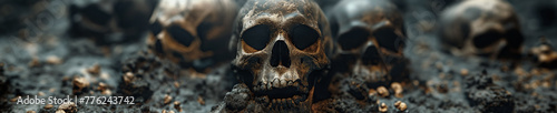 human skulls of skeletons in ground in underground cave in burial photo