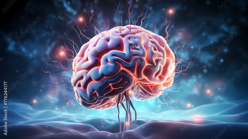 Obraz premium Human brain with multiple rays for medical mental health care background