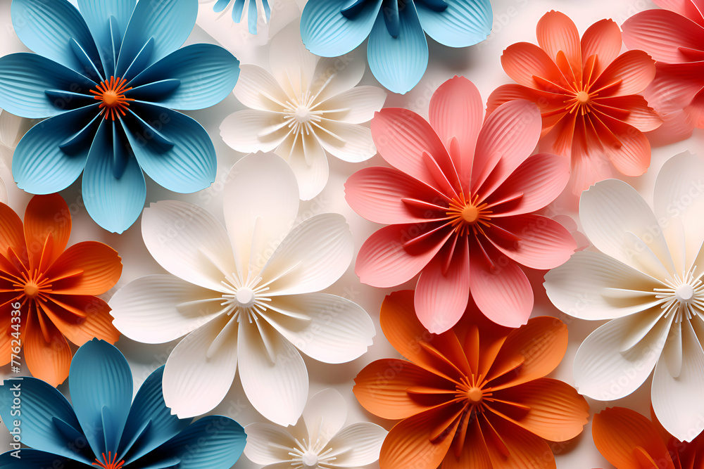 colorful paper flowers on white background. 3d render illustration.