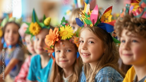 happy girls with flower crowns are smiling at a table adorned with Easter eggs, sharing in the joy of a fun arts and crafts event AIG42E