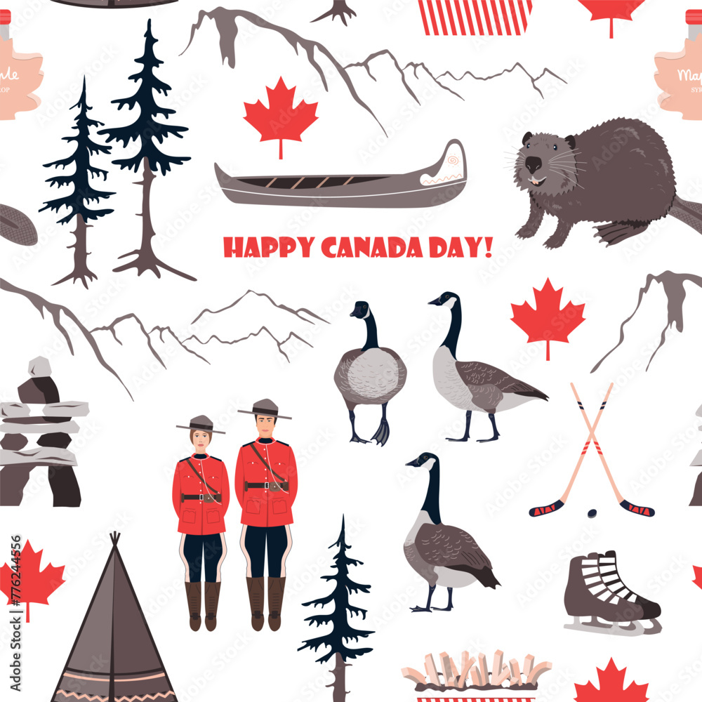 Fototapeta premium Happy National Day of Canada, seamless pattern with Canadian symbols. Beaver, goose, canoe, teepee, hockey, royal police, maple leaves and mountains. Vector background.