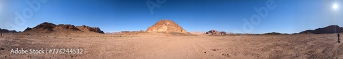 Wadi Rum desert panorama landscape view with sand dunes and rocky formations Mountains terrain Jordan
