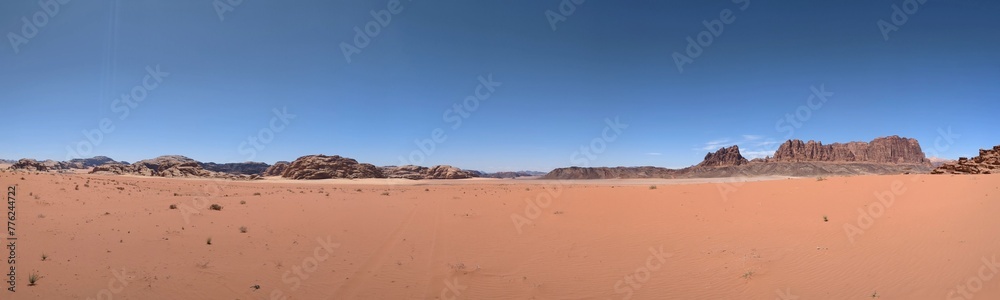 Wadi Rum desert panorama landscape view with sand dunes and rocky formations,Mountains terrain Jordan