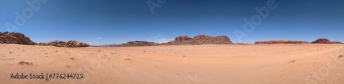 Wadi Rum desert panorama landscape view with sand dunes and rocky formations Mountains terrain Jordan
