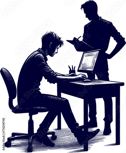 a man is working at a computer and silhouette sketch art vector design.
