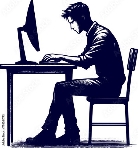 a man is working at a computer and silhouette sketch art vector design.
