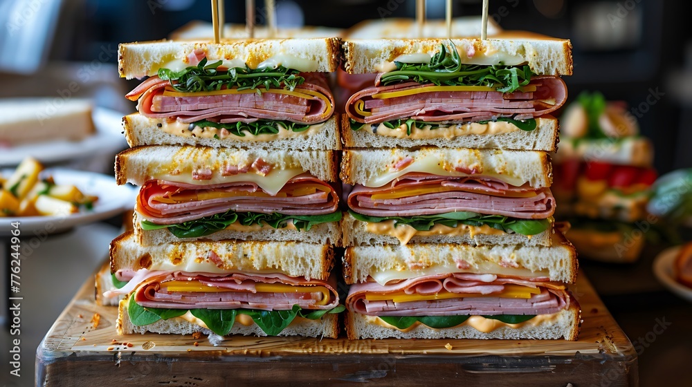 Summer picnic club sandwich ham and cheese in a row