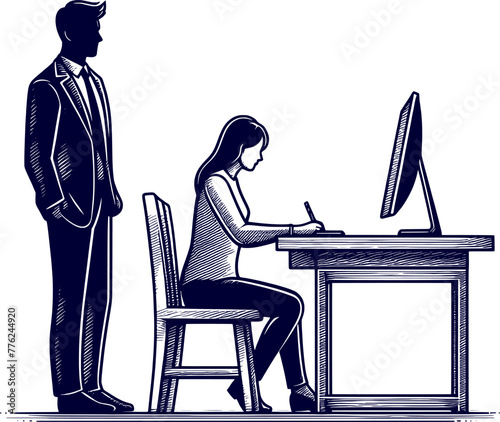 a man is working at a computer and silhouette sketch art vector design.
