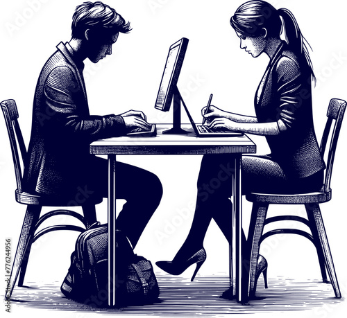 a man is working at a computer and silhouette sketch art vector design.
