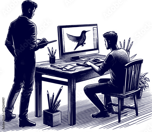 a man is working at a computer and silhouette sketch art vector design.
