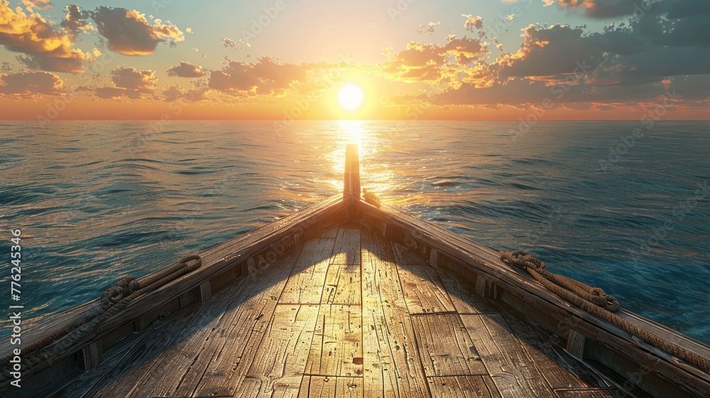 golden sunset view from wooden vessel