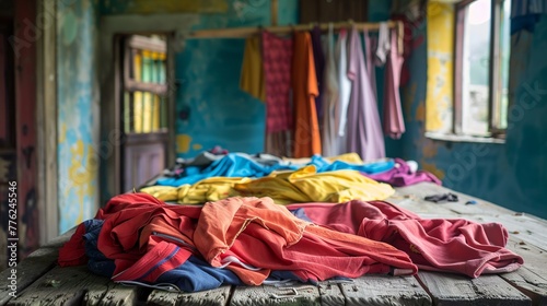 Brightly hued garments adorn the table, leaving an empty expanse behind. These articles of clothing, awaiting their turn in the laundry cycle, paint a picture of domestic serenity.