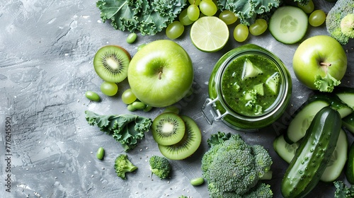 Fresh green smoothie surrounded by vibrant fruits and vegetables on a textured surface. Healthy lifestyle concept with a focus on nutrition. Ideal for wellness-themed content. AI