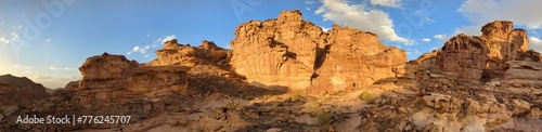 Wadi Rum desert panorama landscape view with sand dunes and rocky formations Mountains terrain Jordan