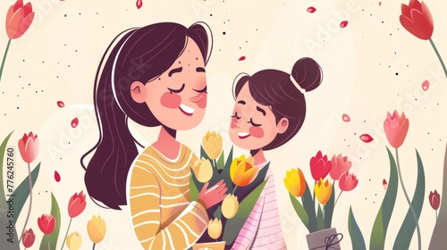 little daughter congratulates mom and gives her flowers and tulips mother s day concept generative ai
