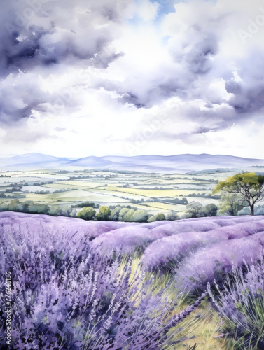 Watercolor illustration of a lavender field with a stormy sky. Scenic landscape. France. UK. 