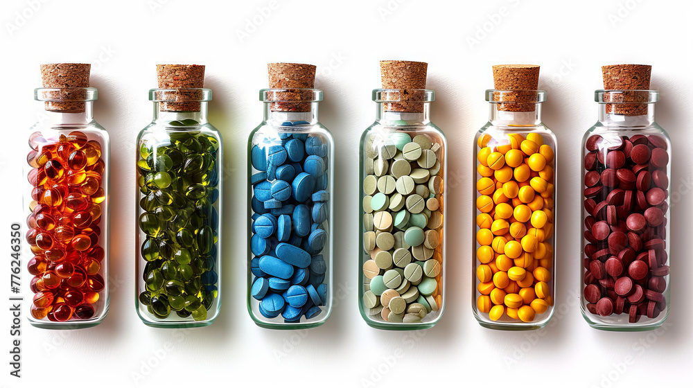colorful pills in glass bottles colorful pills in glass bottles