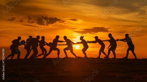 Silhouetted Group of People Holding Hands Against Sunset. Teamwork and Unity Concept. A Warm Toned Inspirational Image For Various Uses. AI