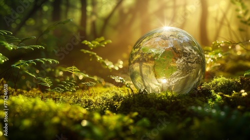 Harmony of the Planet: Earth Globe Cradled by the Forest Floor - An ultra-high-definition image capturing a clear, glass