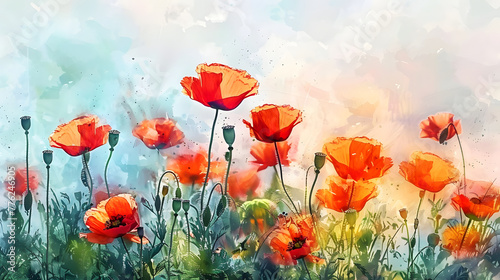 Colorful red pink yellow poppies, bright nature flowers, oil paints © Markus