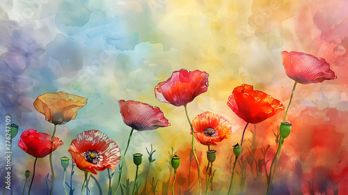 Colorful red pink yellow poppies, bright nature flowers, oil paints