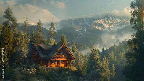 Mountain cabin nestled among pine trees
